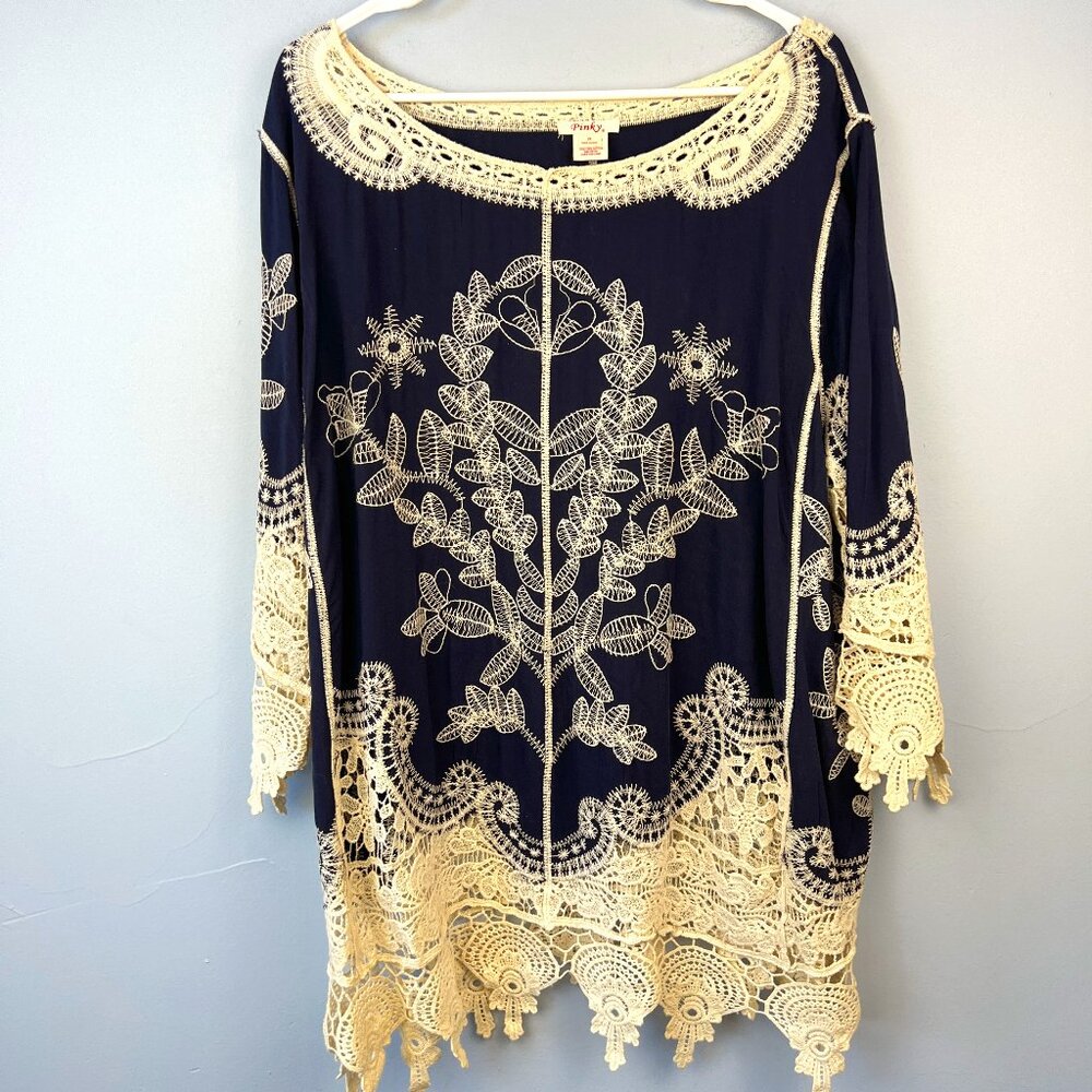 Pinky Navy Blue Tunic Top Heavy White Crochet Lace Embroidered Detailing Size 2X